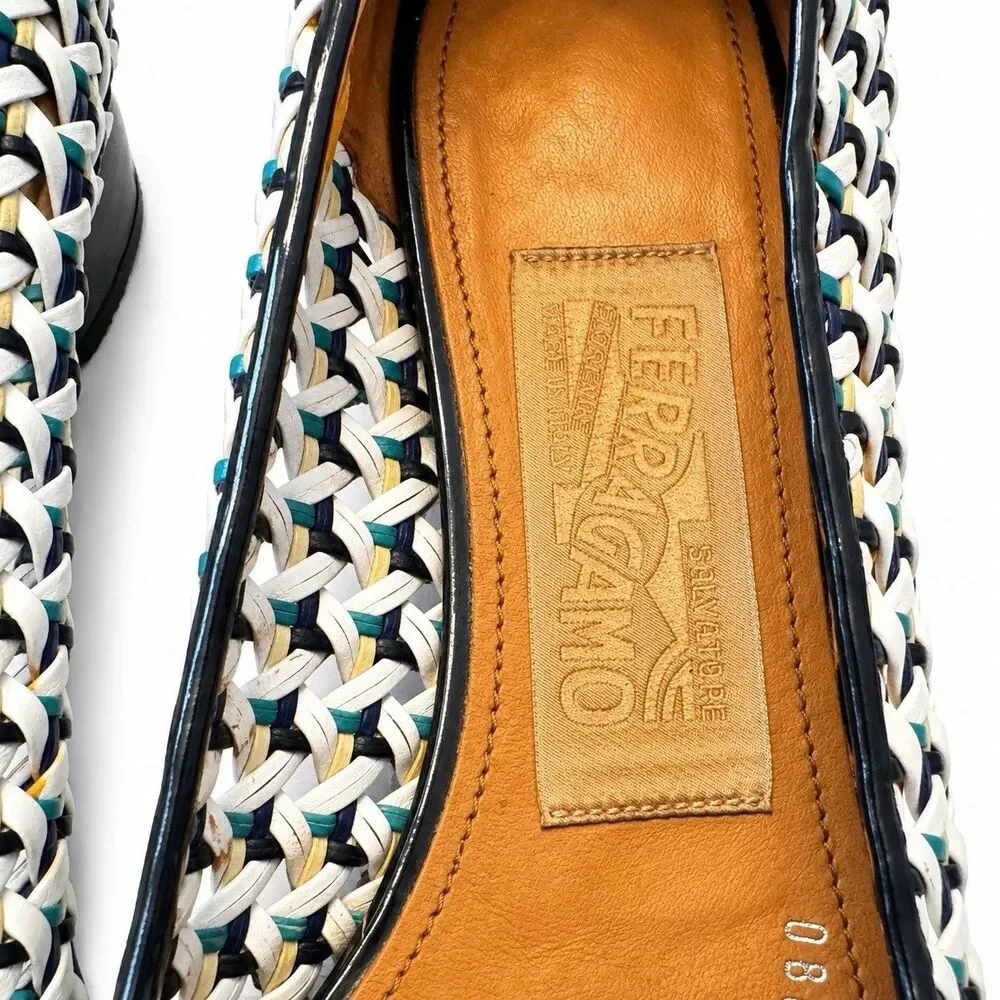 Salvatore Ferragamo Vara Bow Woven Leather Pumps Shoes Multicolor Size 8 B Italy
